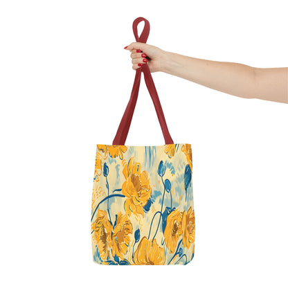 Golden Poppy Meadow Tote Bag – Yellow & Teal Painterly Floral Patter