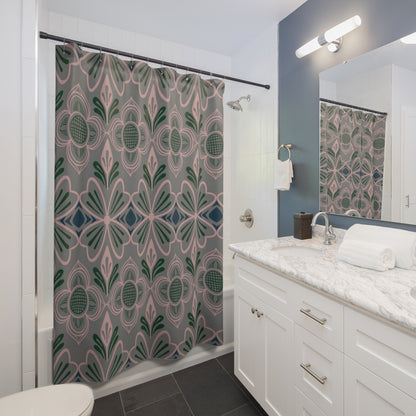 Floral Tile Shower Curtain — Pink & Forest Green Retro Pattern