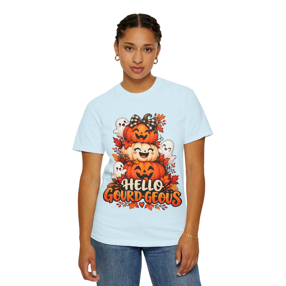 Hello Gourd-Geous Halloween T-Shirt | Cute Pumpkin & Ghost Graphic Tee