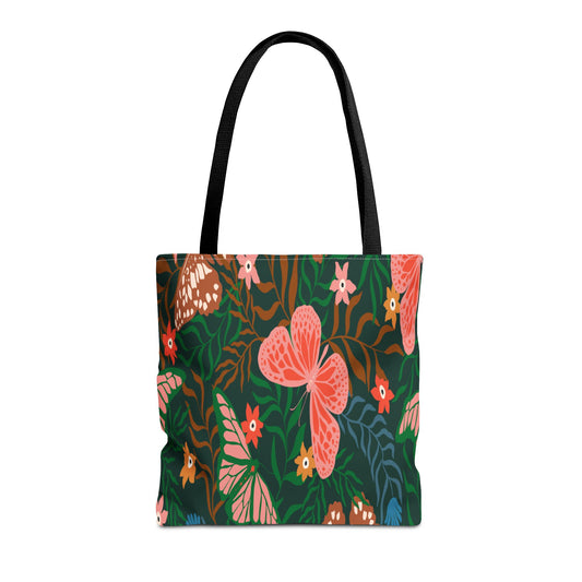 Floral Butterfly Tote Bag — Pink Butterflies on Green Botanical Print