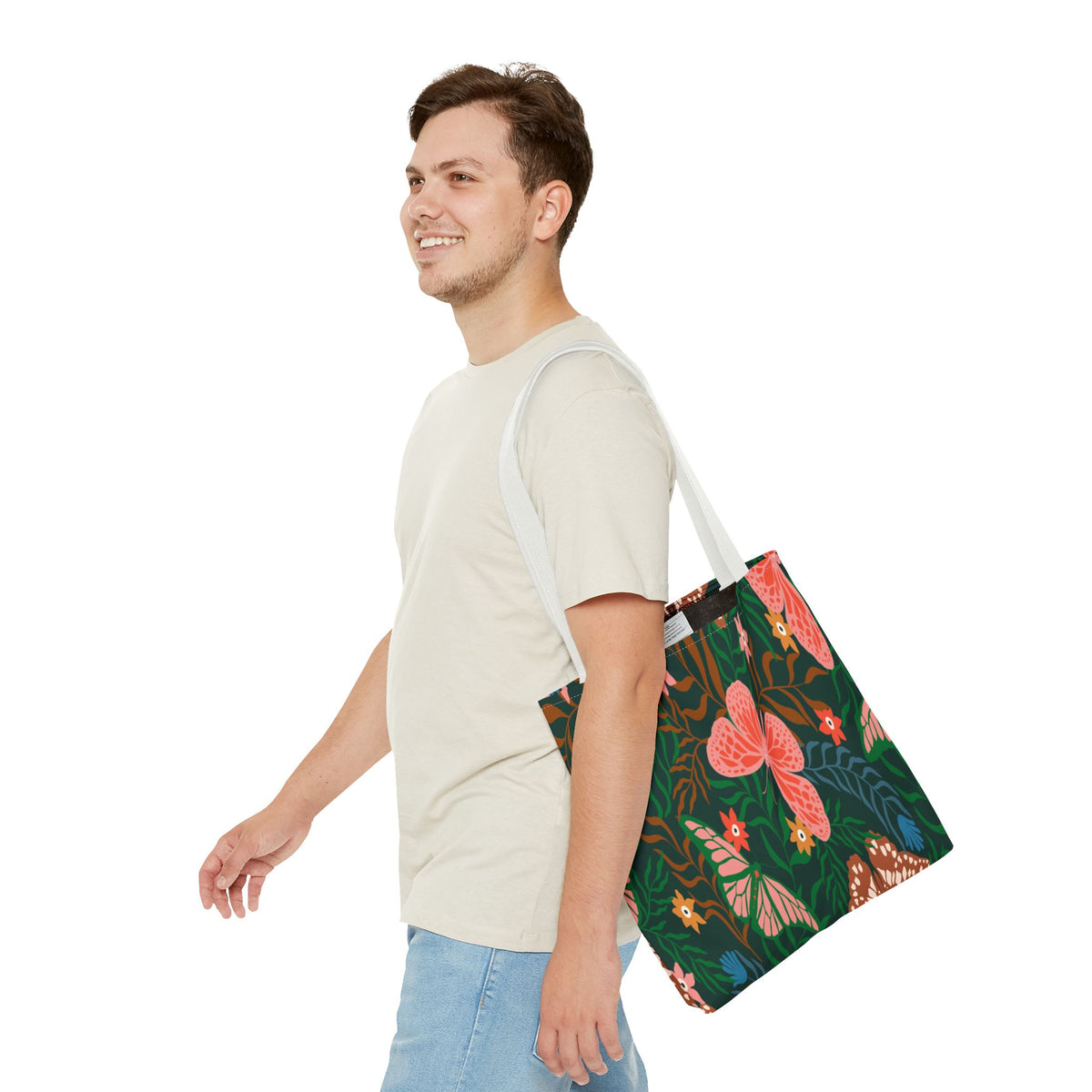 Floral Butterfly Tote Bag — Pink Butterflies on Green Botanical Print