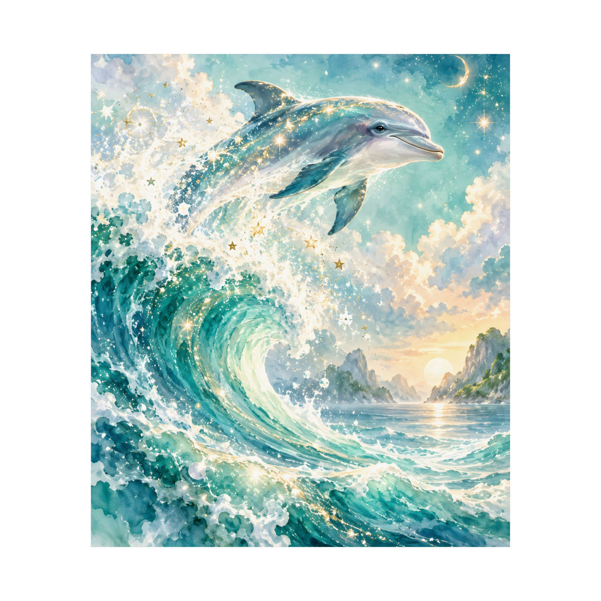 Celestial Dolphin Galaxy Watercolor Art – Indigo Magenta Nebula