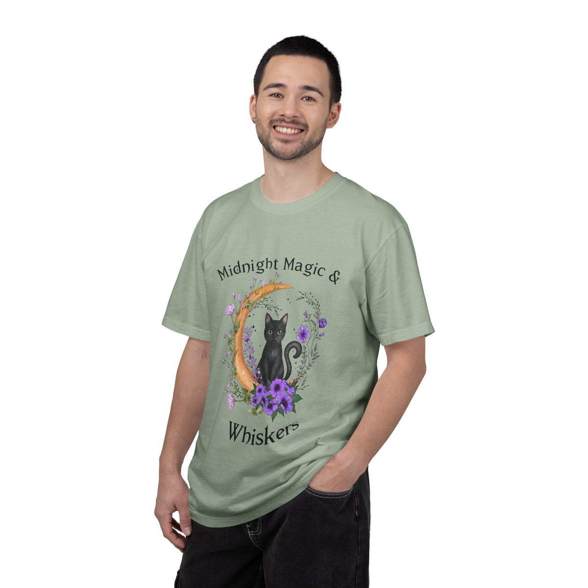 Mystical Black Cat Crescent Moon Floral Graphic Tee – Witchy Cat Lover Shirt