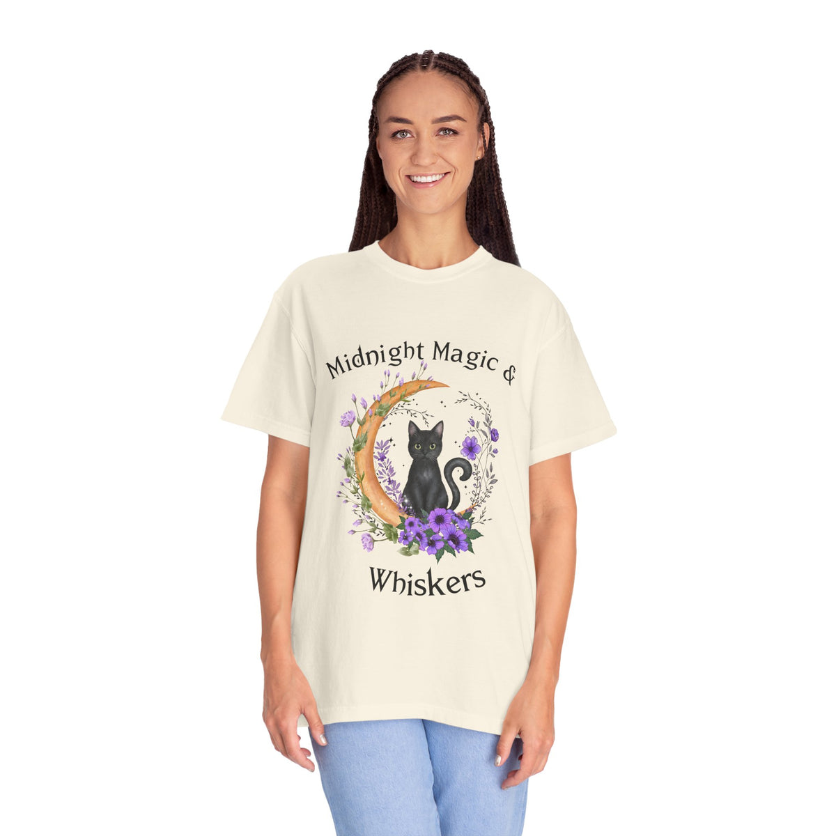 Mystical Black Cat Crescent Moon Floral Graphic Tee – Witchy Cat Lover Shirt