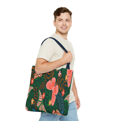 Floral Butterfly Tote Bag — Pink Butterflies on Green Botanical Print