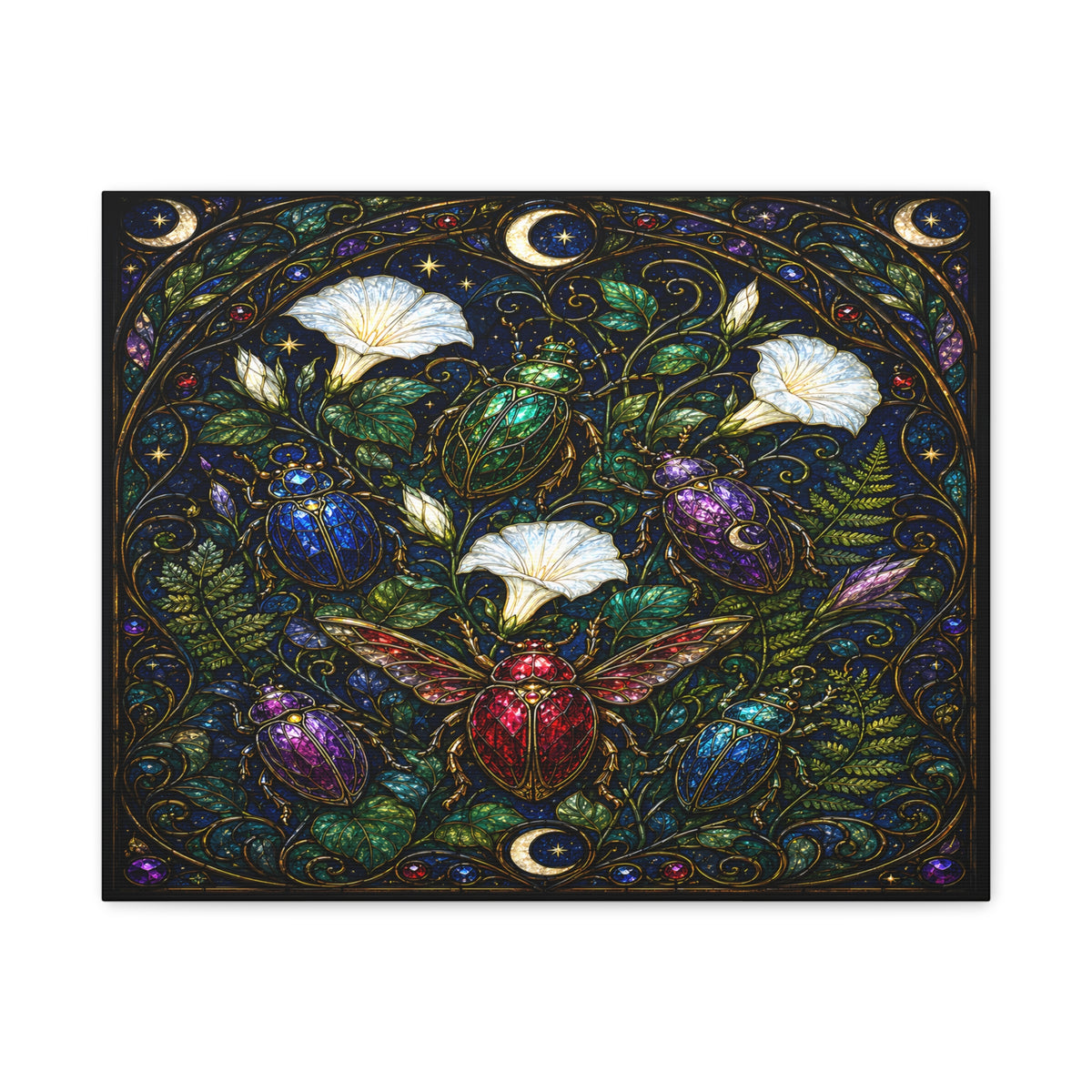 Jewel-toned beetles in an Art Nouveau stained-glass moonflower garden with ferns, crescent moons, stars, and dark botanical foliage.
