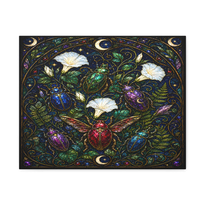 Jewel-toned beetles in an Art Nouveau stained-glass moonflower garden with ferns, crescent moons, stars, and dark botanical foliage.