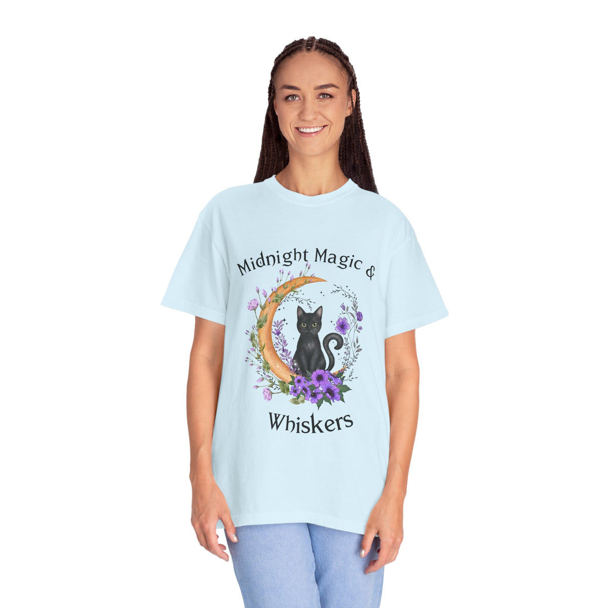 Mystical Black Cat Crescent Moon Floral Graphic Tee – Witchy Cat Lover Shirt