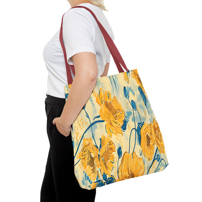 Golden Poppy Meadow Tote Bag – Yellow & Teal Painterly Floral Patter