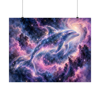 Celestial Dolphin Nebula – Purple Galaxy Watercolor Art Print