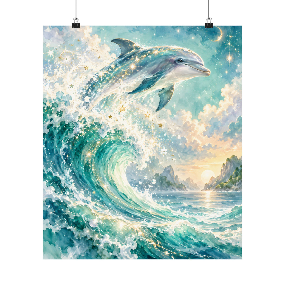 Celestial Dolphin Galaxy Watercolor Art – Indigo Magenta Nebula