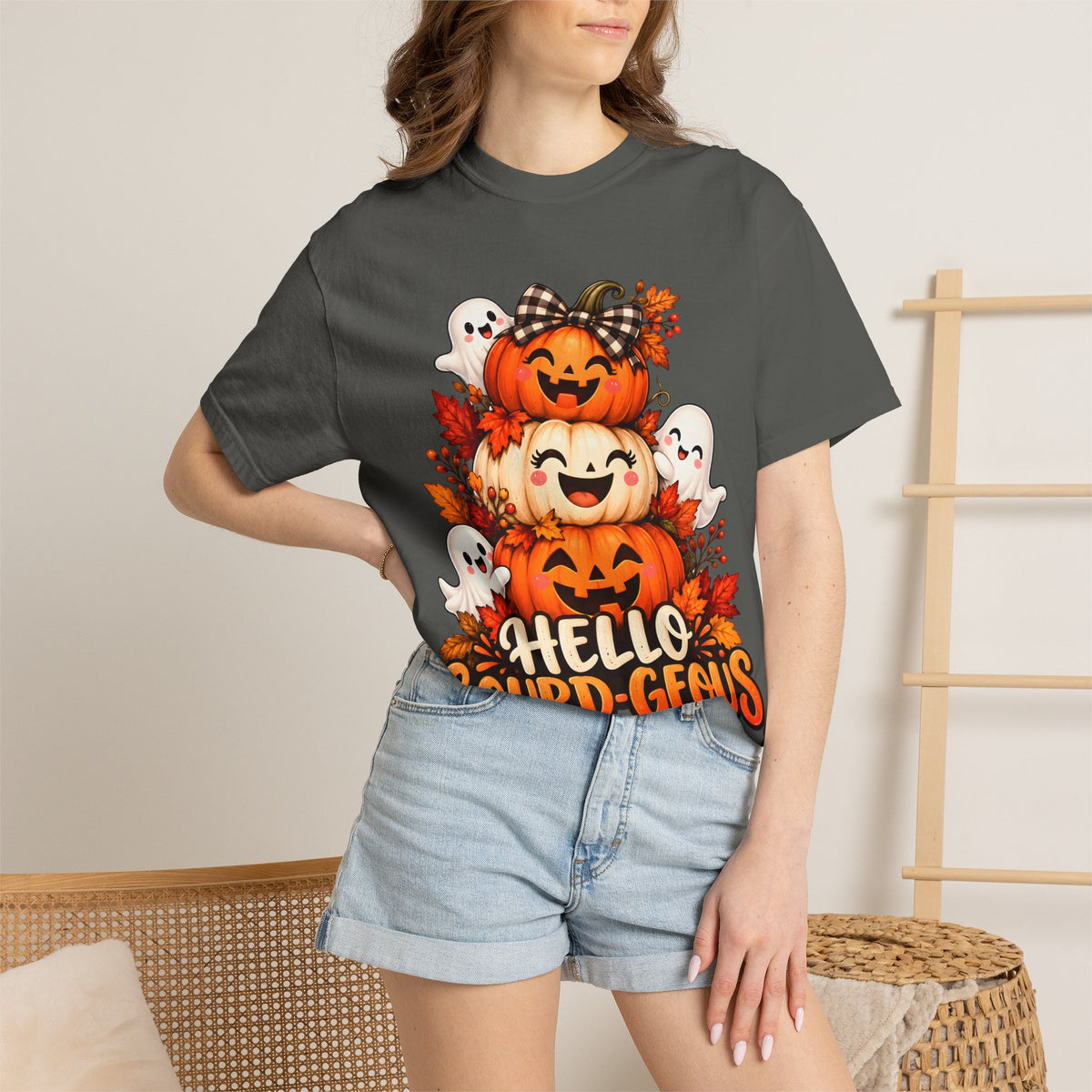 Hello Gourd-Geous Halloween T-Shirt | Cute Pumpkin & Ghost Graphic Tee