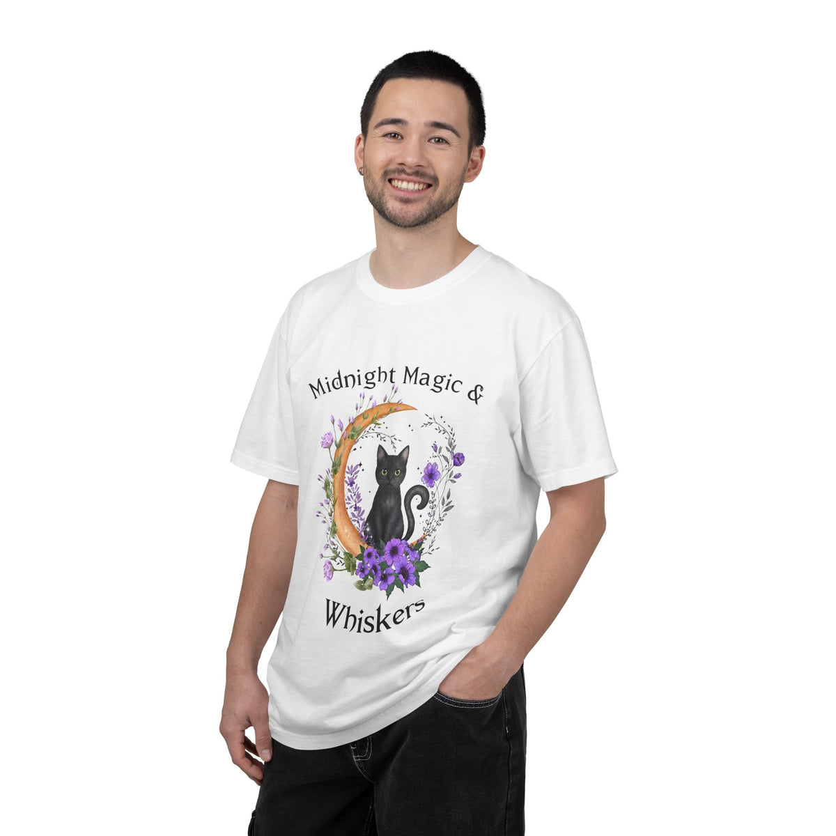 Mystical Black Cat Crescent Moon Floral Graphic Tee – Witchy Cat Lover Shirt