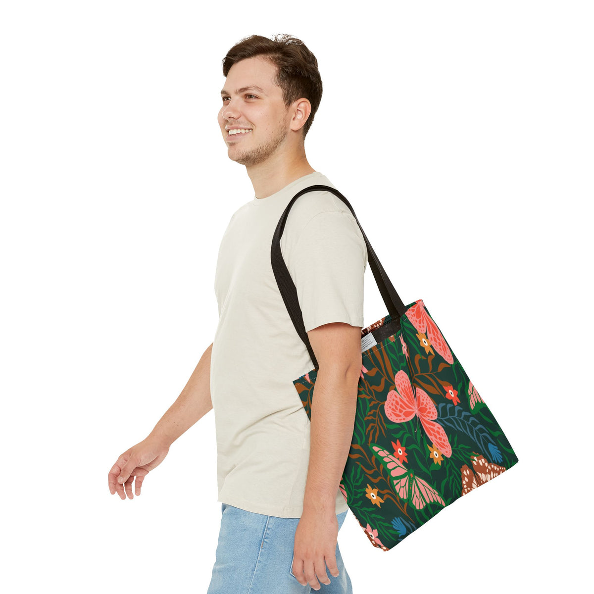 Floral Butterfly Tote Bag — Pink Butterflies on Green Botanical Print