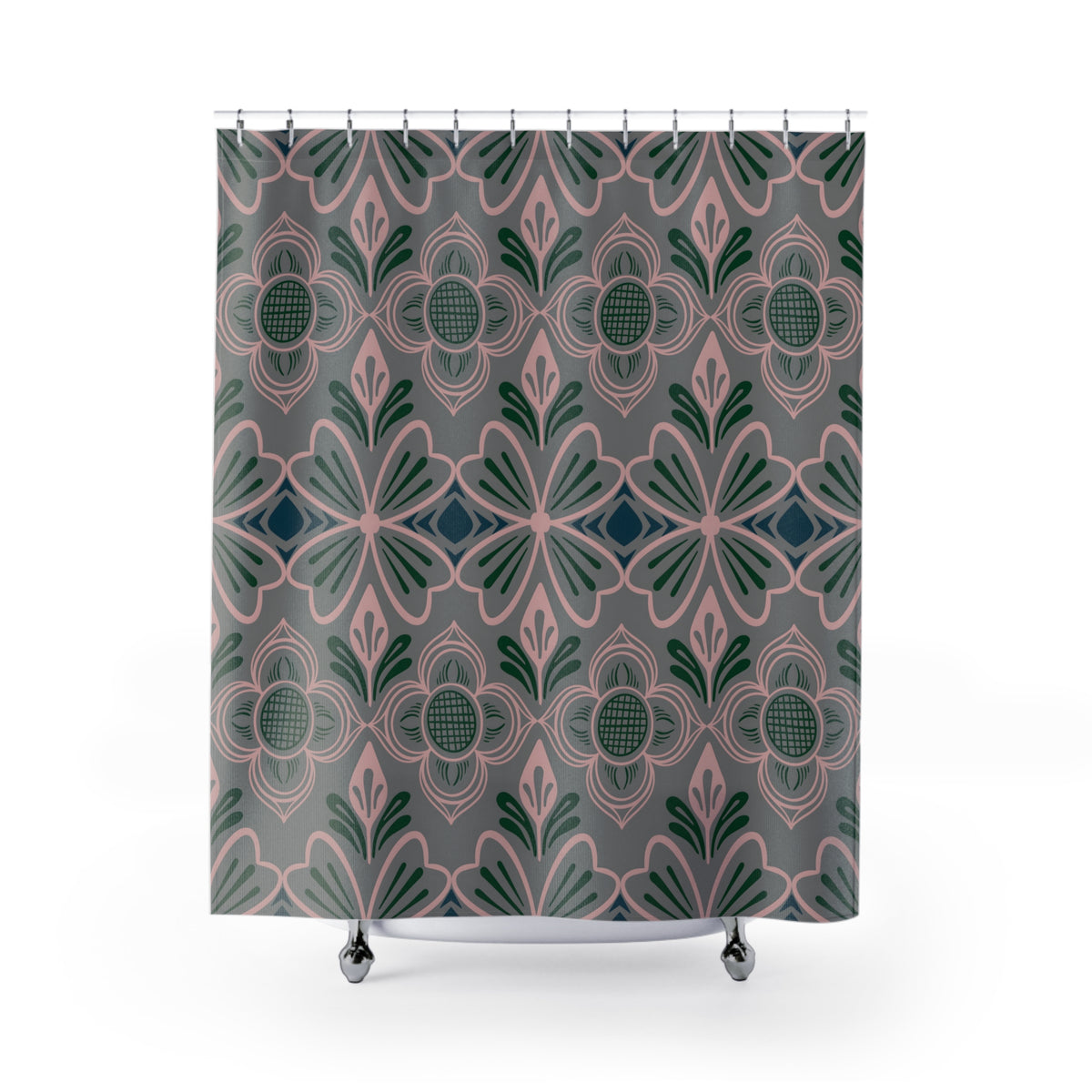 Mauve Art Deco floral geometric pattern with blush pink, deep teal and green botanical motifs for wallpaper and fabric