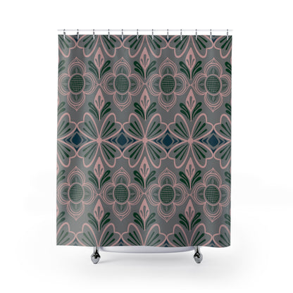 Mauve Art Deco floral geometric pattern with blush pink, deep teal and green botanical motifs for wallpaper and fabric