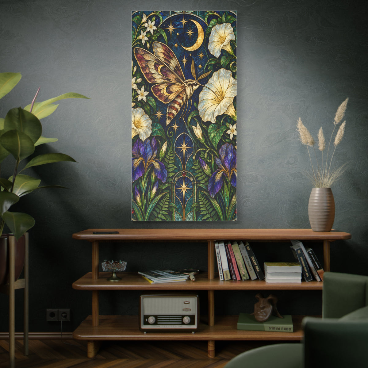 Moonlit Moth Botanical Canvas Wall Art — Sizes 20 x 40 and 30 x 60