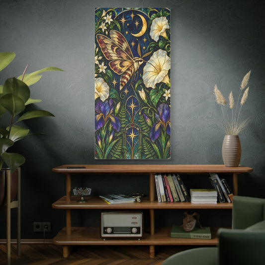 Moonlit Moth Botanical Canvas Wall Art — Sizes 20 x 40 and 30 x 60