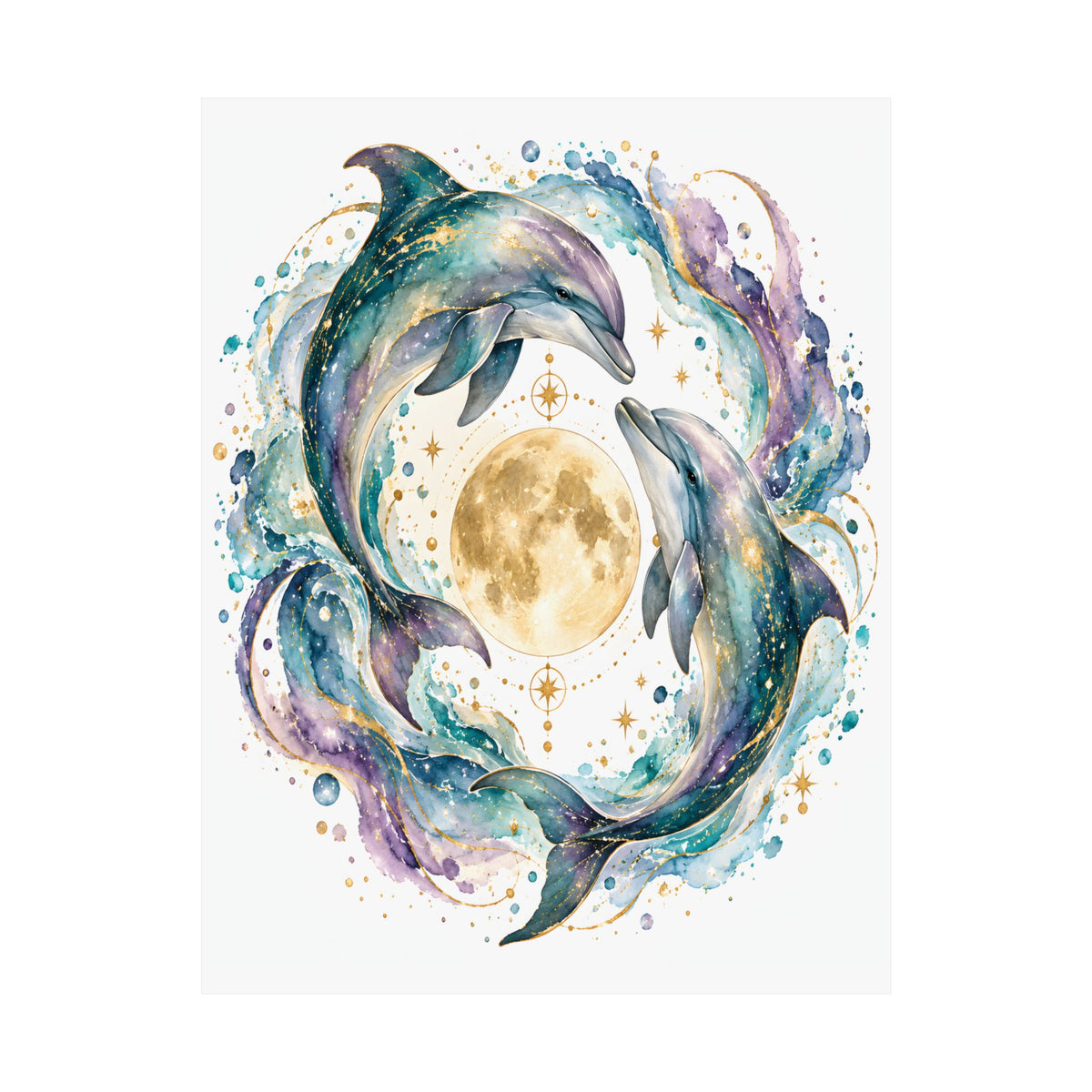Twin Dolphin Moon Watercolor Art Print