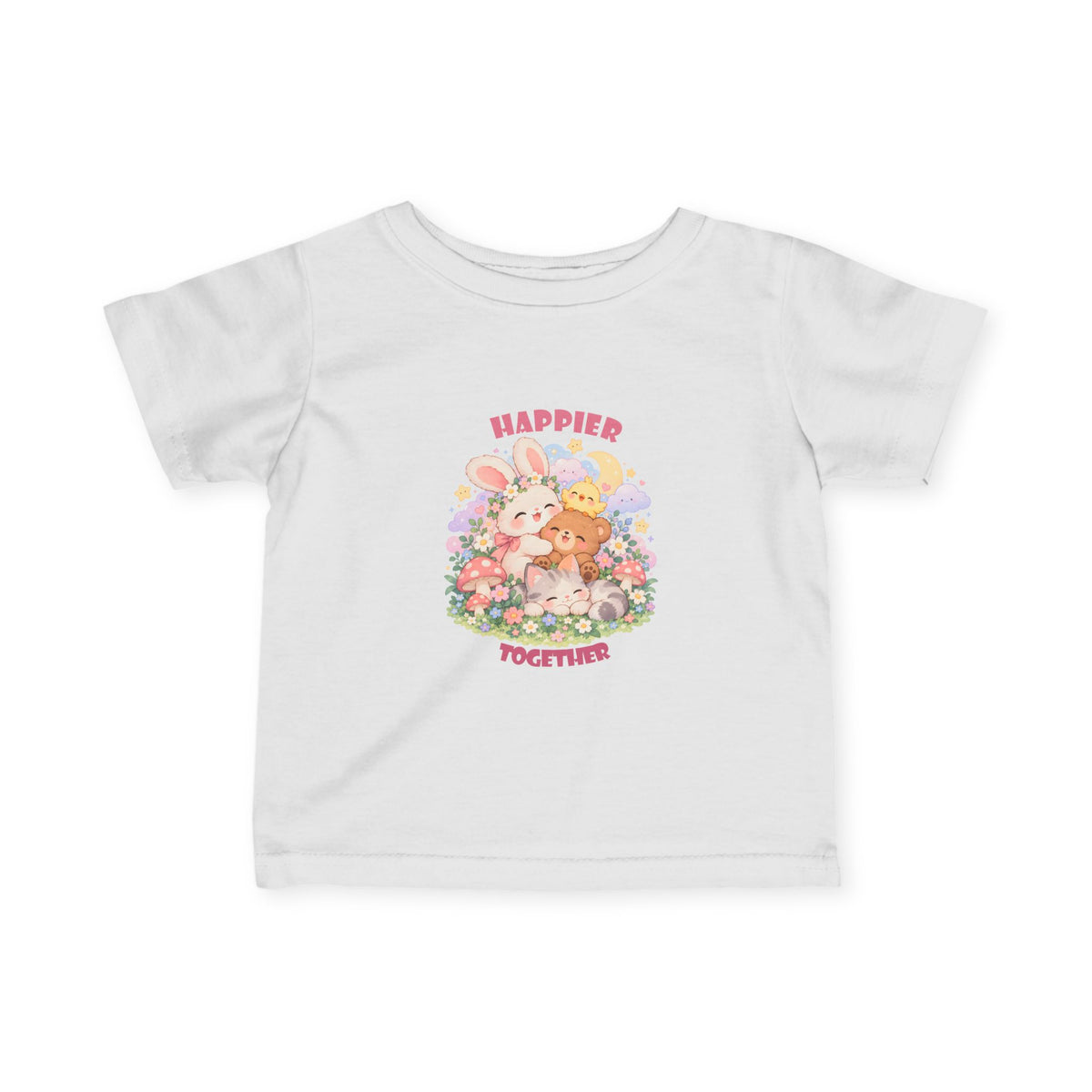 Infant Tee — "Happier Together" Floral Bunny & Bear Baby Shirt