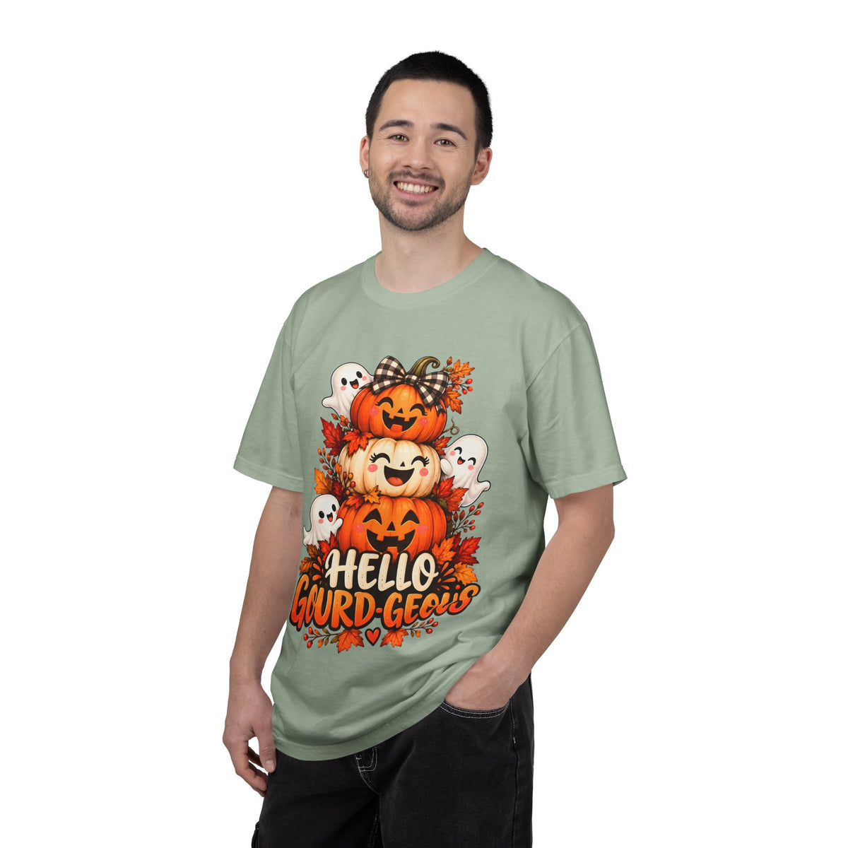 Hello Gourd-Geous Halloween T-Shirt | Cute Pumpkin & Ghost Graphic Tee