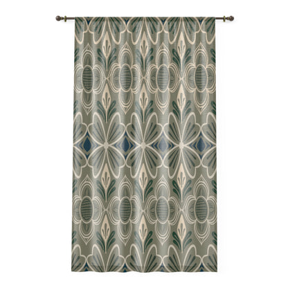 Nordic Folk Floral Sage & Cream Geometric Window Curtain — Green Floral Pattern Drapes