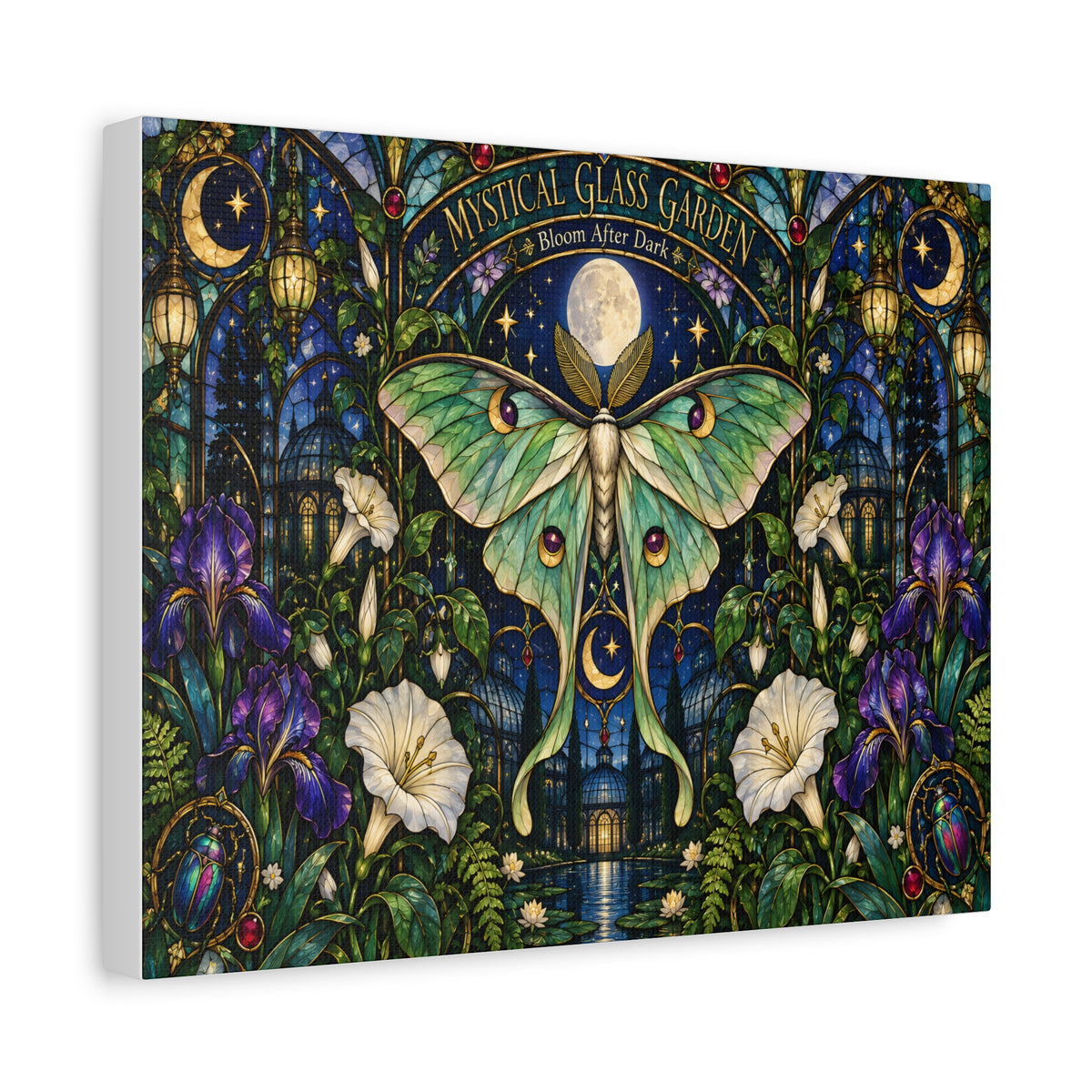 Mystical Glass Garden Luna Moth Canvas Print — 'Bloom After Dark' Stretched Art