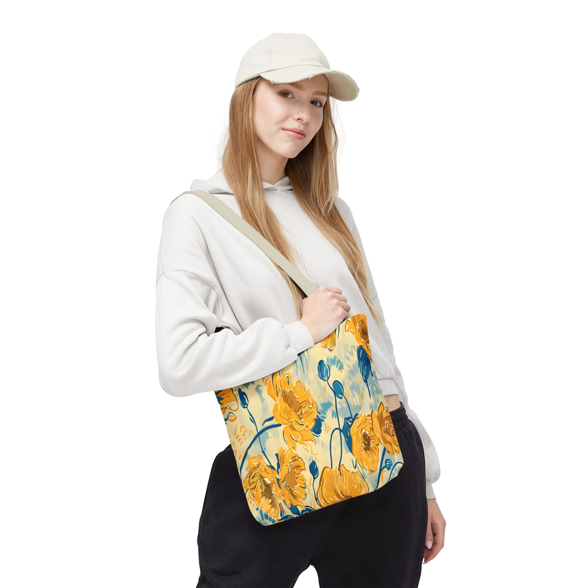 Golden Poppy Meadow Tote Bag – Yellow & Teal Painterly Floral Patter