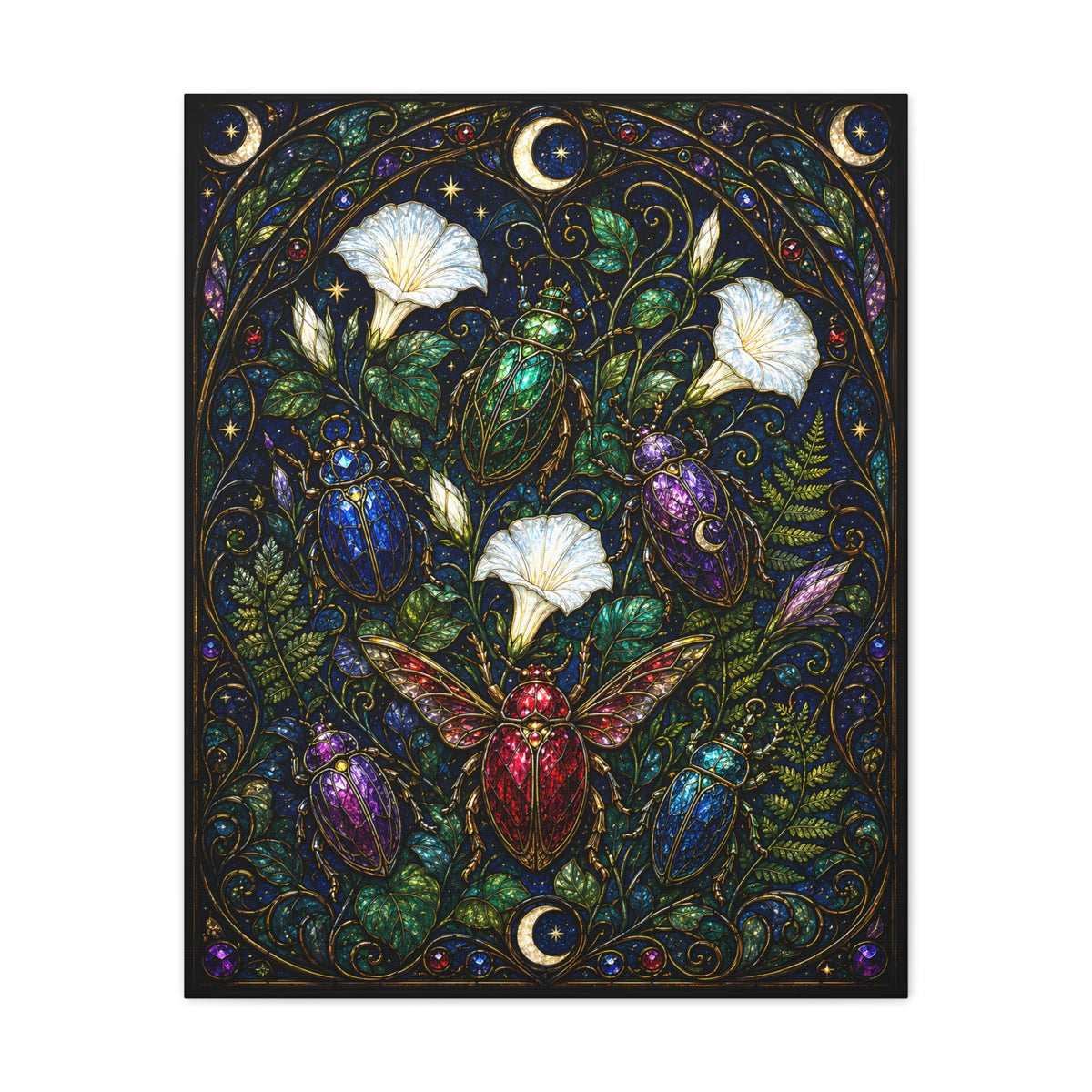 Jewel-toned beetles in an Art Nouveau stained-glass moonflower garden with ferns, crescent moons, stars, and dark botanical foliage.