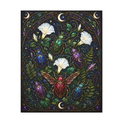 Jewel-toned beetles in an Art Nouveau stained-glass moonflower garden with ferns, crescent moons, stars, and dark botanical foliage.