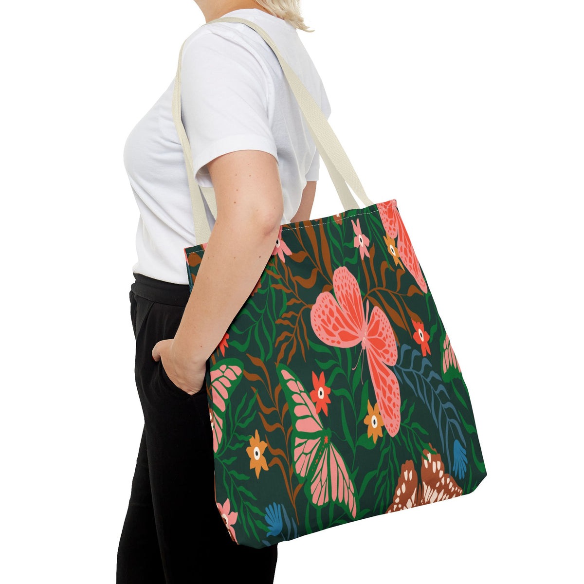 Floral Butterfly Tote Bag — Pink Butterflies on Green Botanical Print