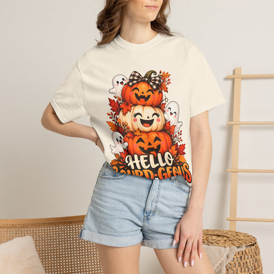 Hello Gourd-Geous Halloween T-Shirt | Cute Pumpkin & Ghost Graphic Tee