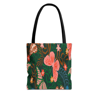 Floral Butterfly Tote Bag — Pink Butterflies on Green Botanical Print