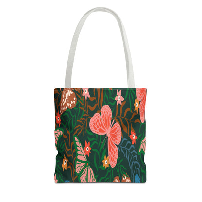 Floral Butterfly Tote Bag — Pink Butterflies on Green Botanical Print