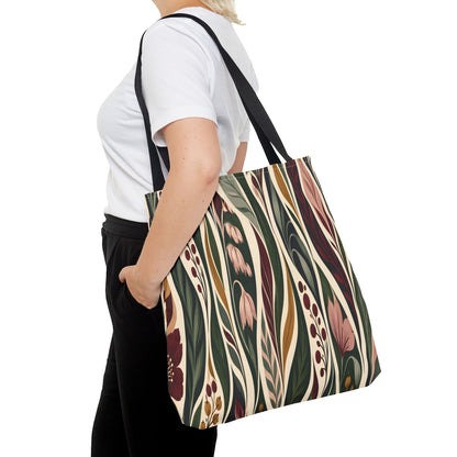 Botanical Wave Tote Bag — Earthy Floral Pattern All-Over Print