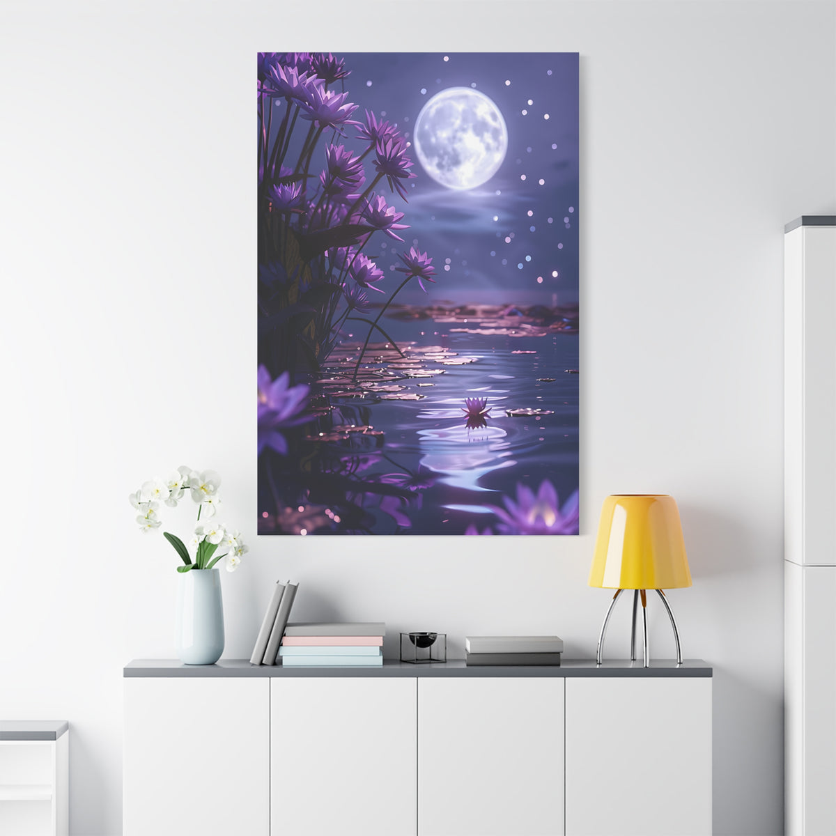 Moonlit Lotus Reverie – Purple Water Lily Moonlight Wall Art