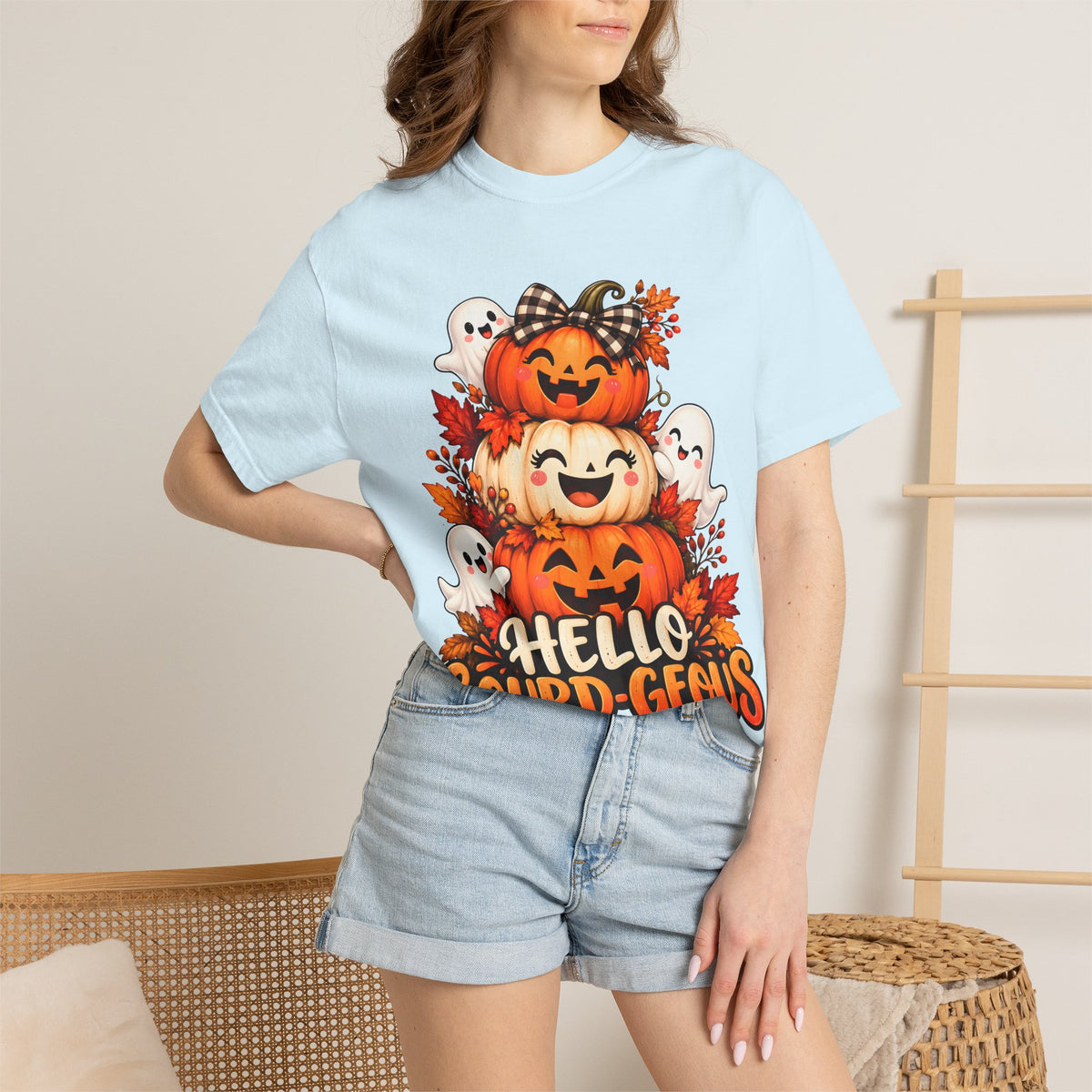 Hello Gourd-Geous Halloween T-Shirt | Cute Pumpkin & Ghost Graphic Tee