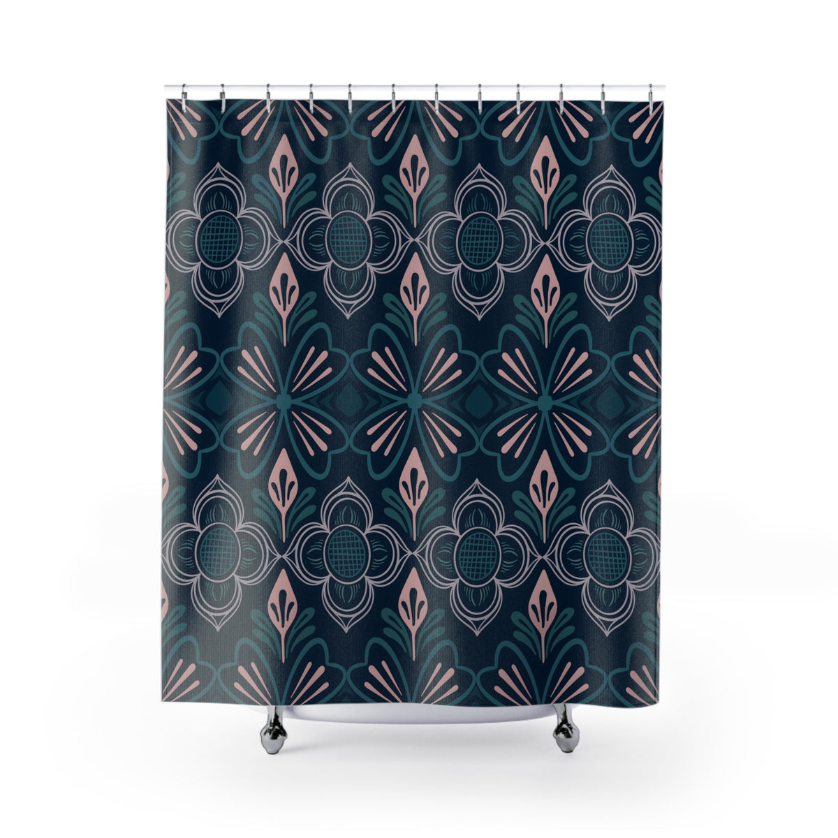 Nordic Folk Floral Navy & Blush Geometric Pattern for Fabric & Wallpaper
