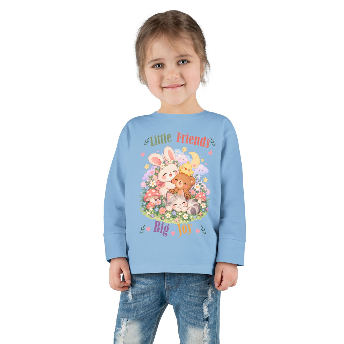 Toddler Long Sleeve Tee — "Little Friends, Big Joy" Cute Animal Floral Shirt for Babies