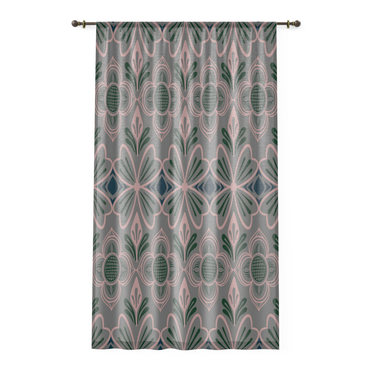 Mauve Art Deco Floral Window Curtain — Pink & Green Geometric Sheer Panel