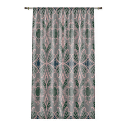 Mauve Art Deco Floral Window Curtain — Pink & Green Geometric Sheer Panel