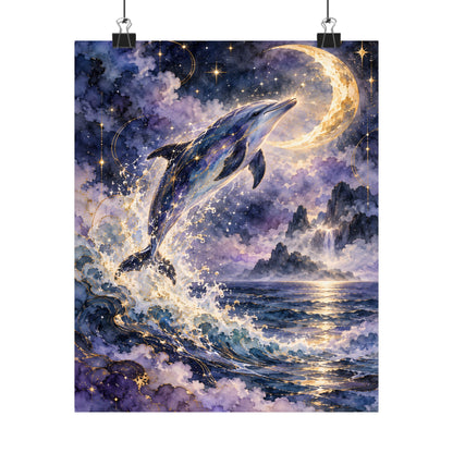Celestial Dolphin’s Moonlit Leap – Mystical Watercolor Wall Art