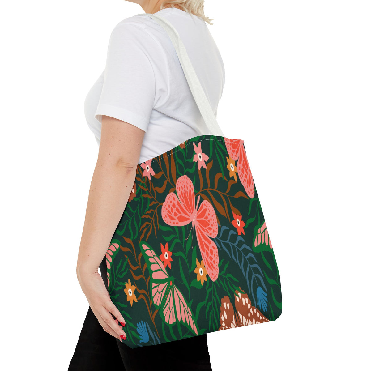 Floral Butterfly Tote Bag — Pink Butterflies on Green Botanical Print
