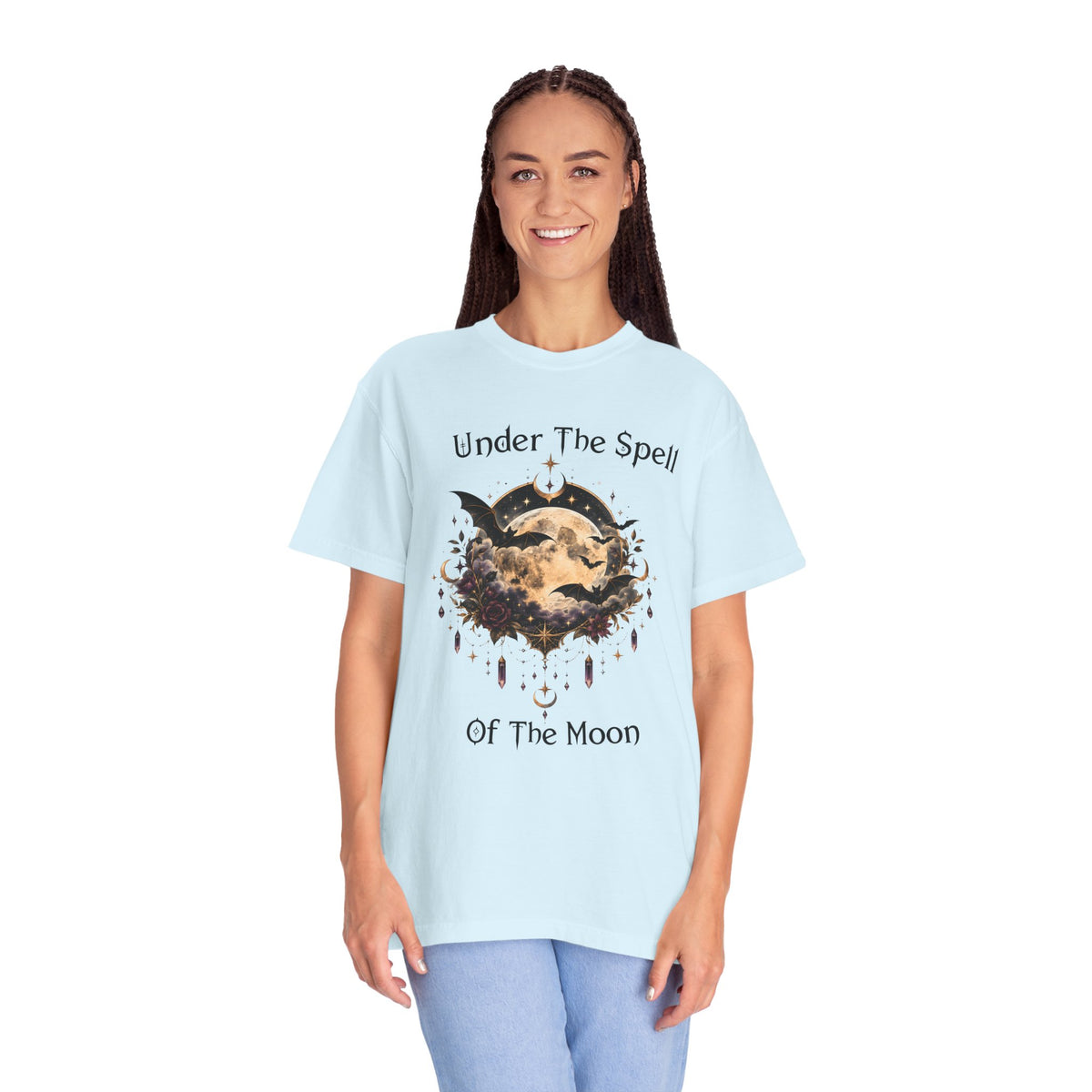 Moonlit Enchantment T-Shirt | Gothic Celestial Moon & Bats Graphic Tee