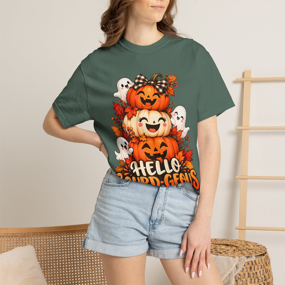 Hello Gourd-Geous Halloween T-Shirt | Cute Pumpkin & Ghost Graphic Tee