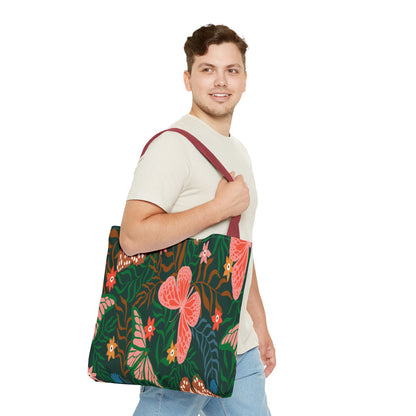 Floral Butterfly Tote Bag — Pink Butterflies on Green Botanical Print