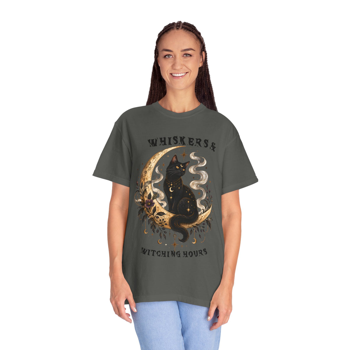 Mystical Black Cat Crescent Moon T-Shirt | Celestial Witchy Cat Tee