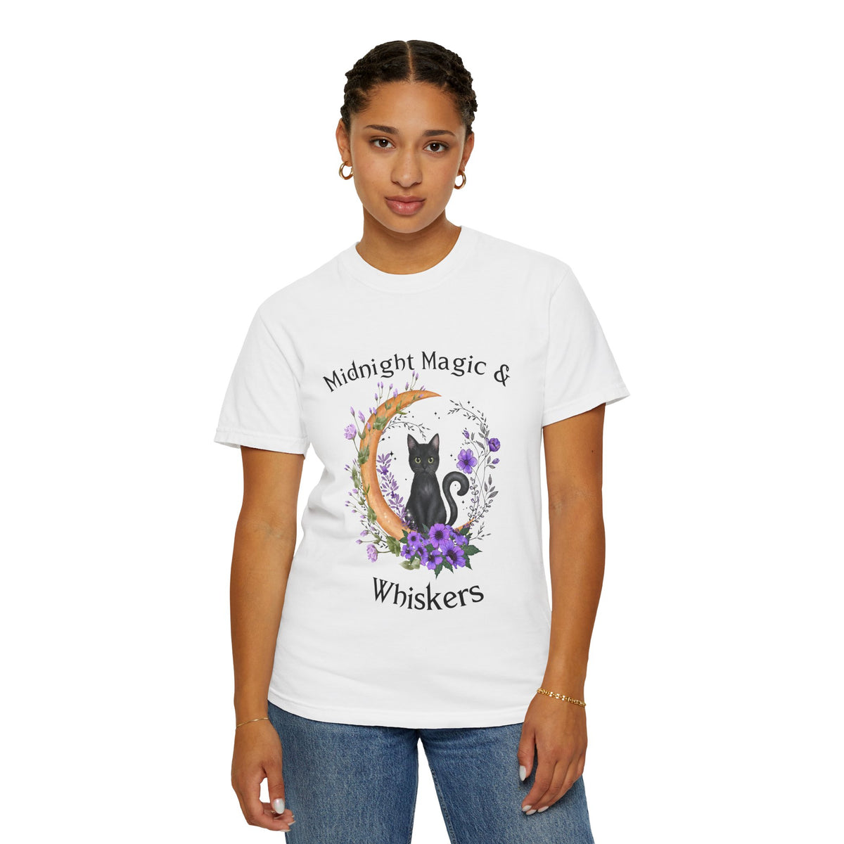 Mystical Black Cat Crescent Moon Floral Graphic Tee – Witchy Cat Lover Shirt