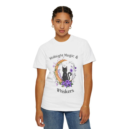 Mystical Black Cat Crescent Moon Floral Graphic Tee – Witchy Cat Lover Shirt