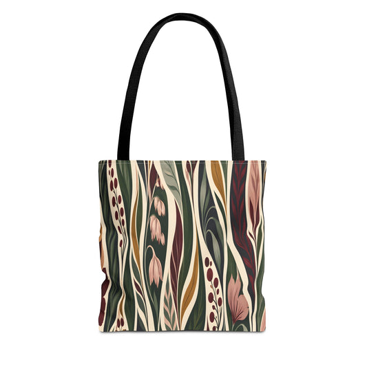 Botanical Wave Tote Bag — Earthy Floral Pattern All-Over Print